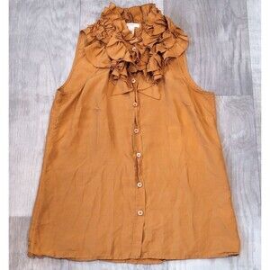 J. Crew Gold 100% Silk Size 4 Ruffle Neck Blouse Sleeveless Button Up Holiday